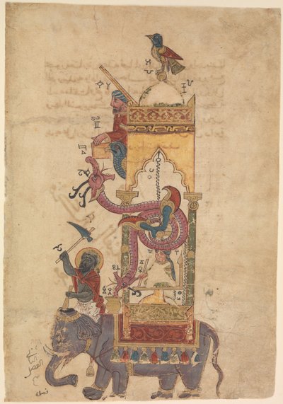 ジャザリによる独創的な機械装置の知識の書からの象の時計、1315年（インク、不透明な水彩画、紙に金） 作： Islamic School